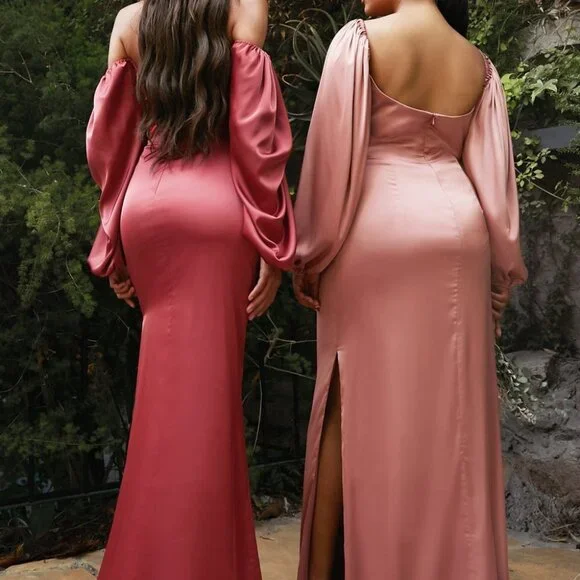 MAUVE PARTY PROM SATIN SHEATH PUFFY SLEEVES LONG MAXI Evening Dress CD7482
